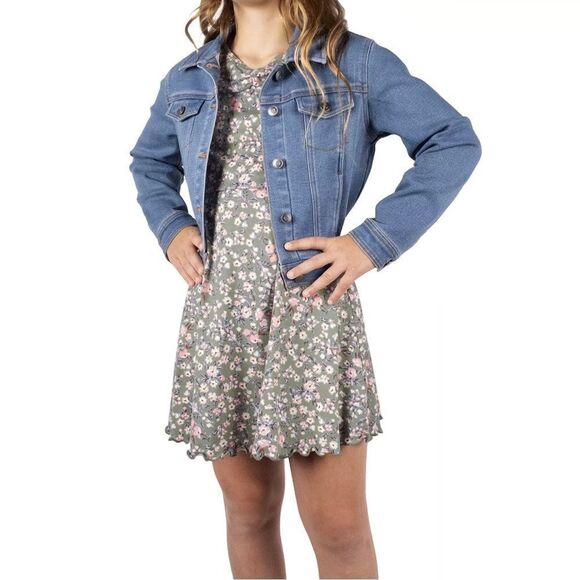 Zunie Girl Match Set Denim Jacket and Sage Flower dress Sz L 10/12 - Picture 2 of 14